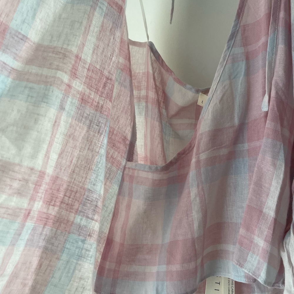 Lovestitch Pale Pink Blue Linen Halter Wrap Plaid Top Size Medium - Picture 8 of 8